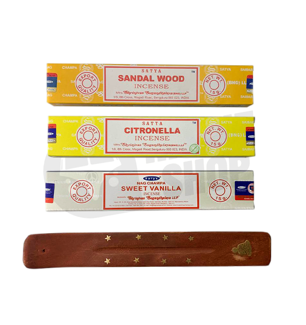 Набор благовоний Сатья Satya Combo 15 g: Sweet vanilla, Citronella, Sandal wood + подставка в подарок.