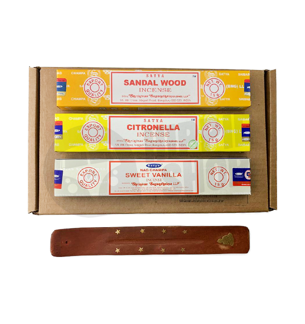 Набор благовоний Сатья Satya Combo 15 g: Sweet vanilla, Citronella, Sandal wood + подставка в подарок.