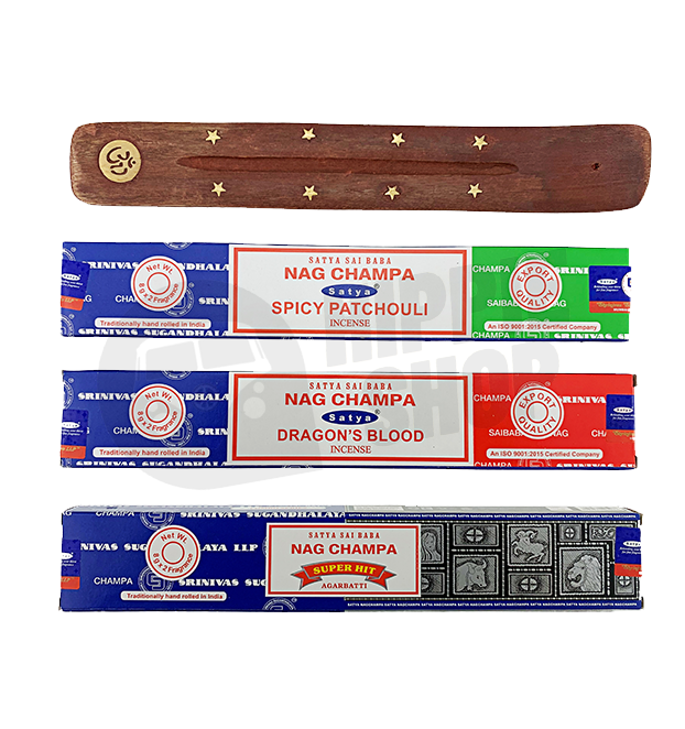 Набор благовоний Satya Combo 16g Nag Champa and Dragon Blood / Nag Champa and Super Hit / Nag Champa and Spicy Patchouli + подставка