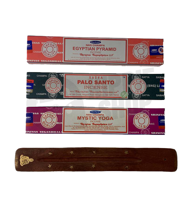 Набор благовоний Сатья Satya Combo 15 g Mystic Yoga, Palo Santo, Egyptian Pyramid + подставка в подарок.